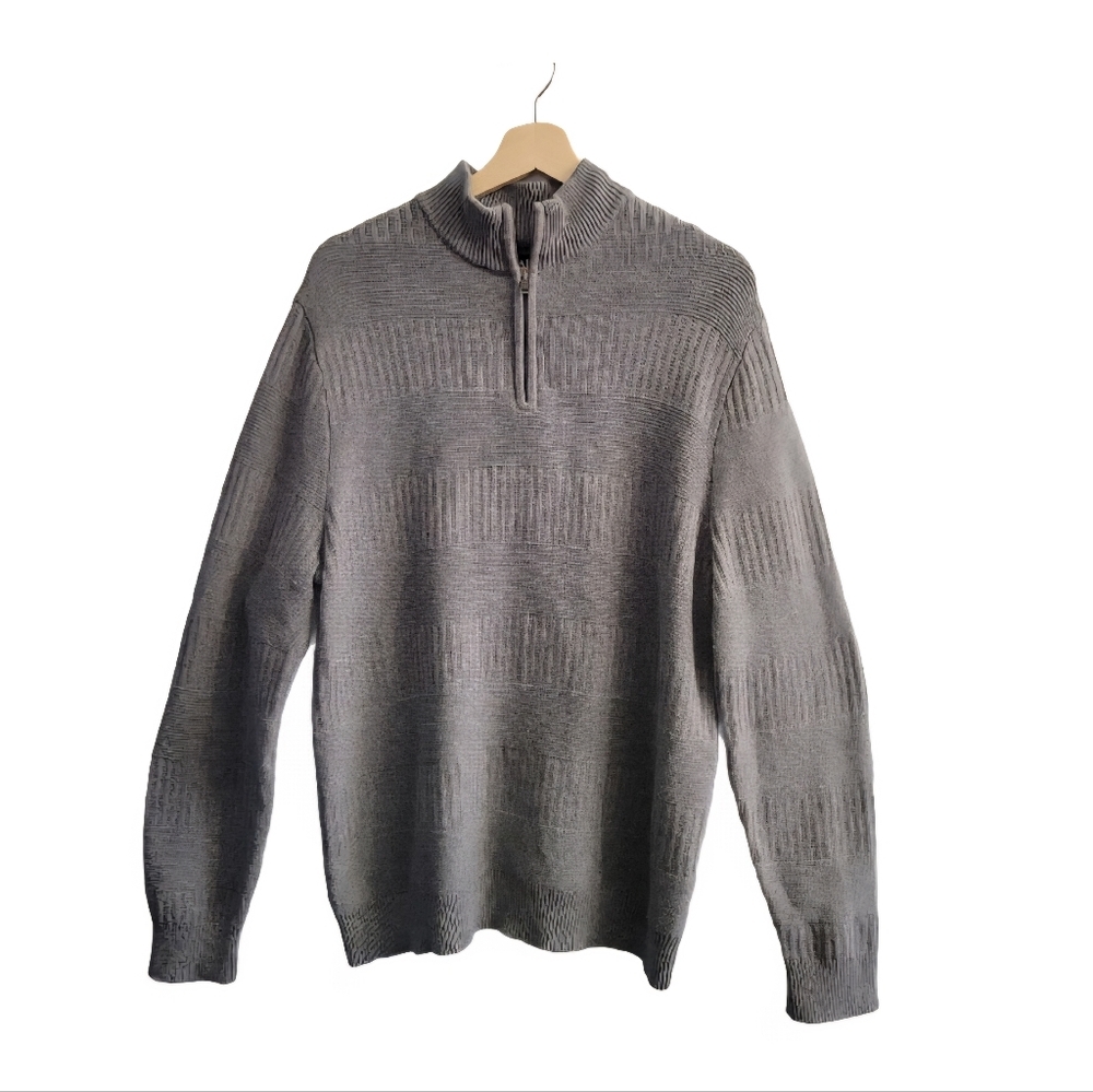 CHAPS Men's Charcoal 100% Cotton Quarter Zip Sweater - Size L/G Preppy Knit